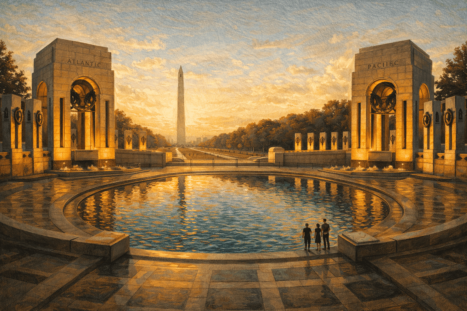 The World War II Memorial on the National Mall in Washington D.C. with its granite pillars and reflecting pool at golden hour