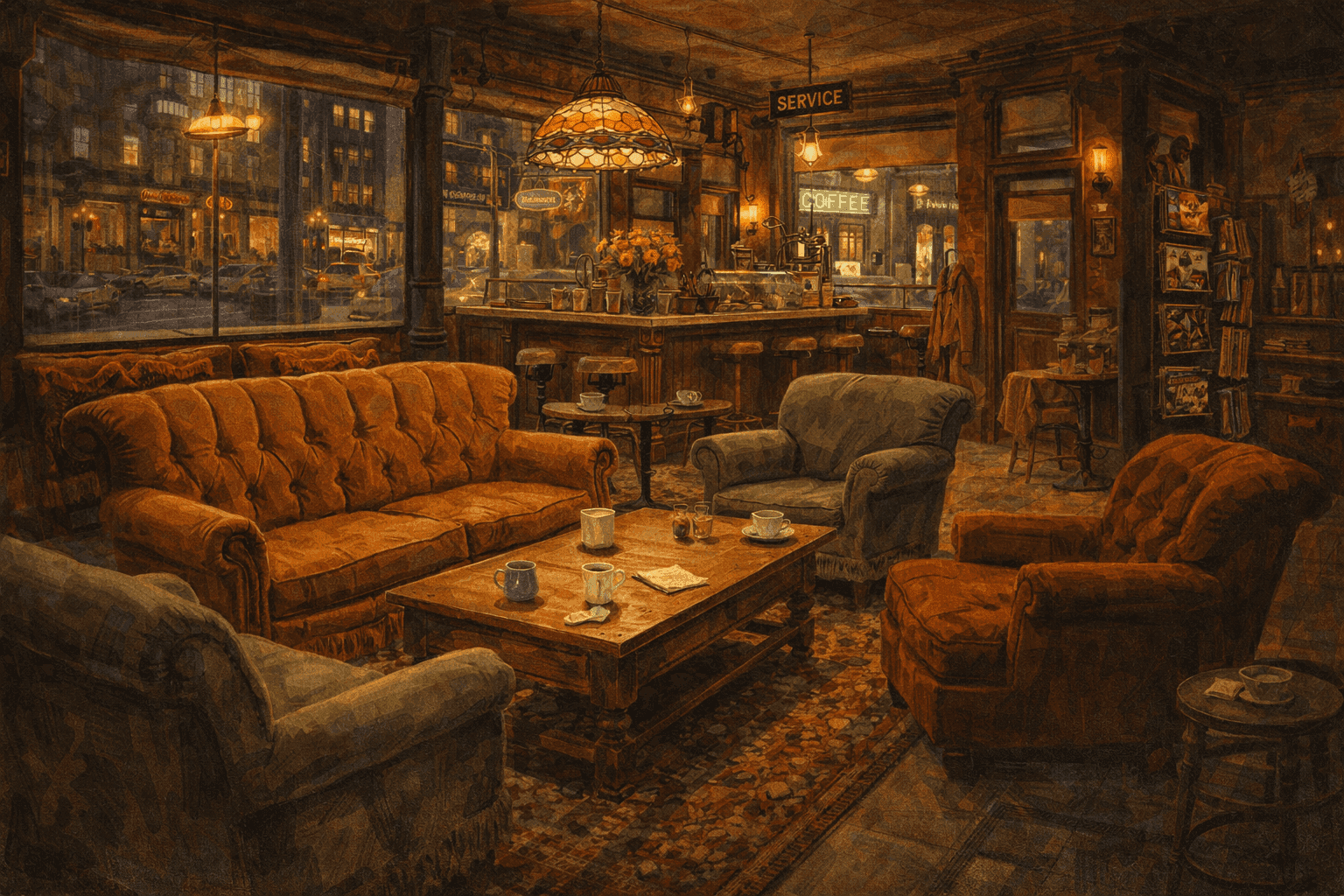 A warmly lit 1990s New York City coffee shop interior with comfortable couches and a group of young friends gathered around a table