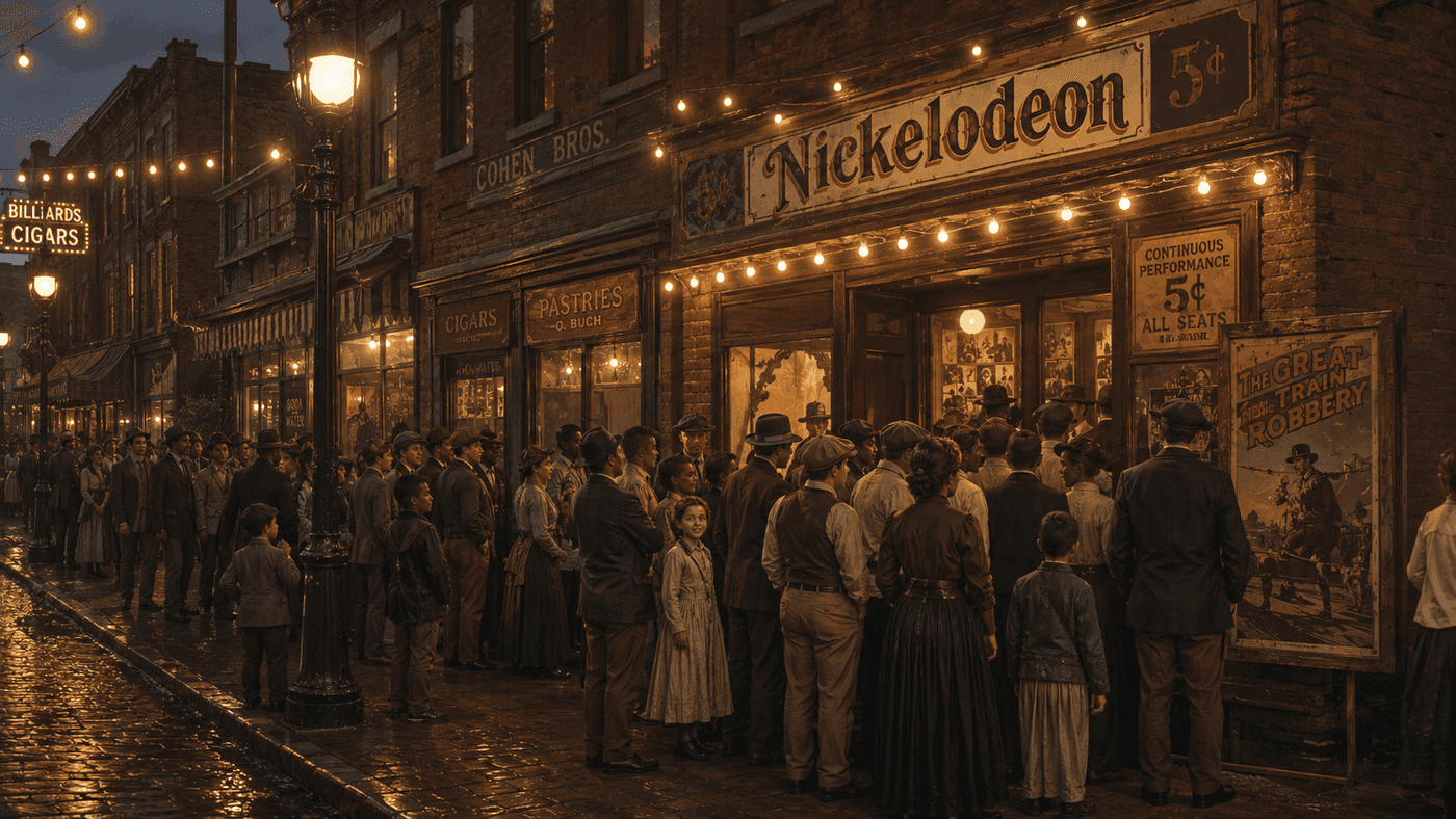 An early 1900s city storefront converted into a nickelodeon theater with patrons lined up outside beneath electric signs