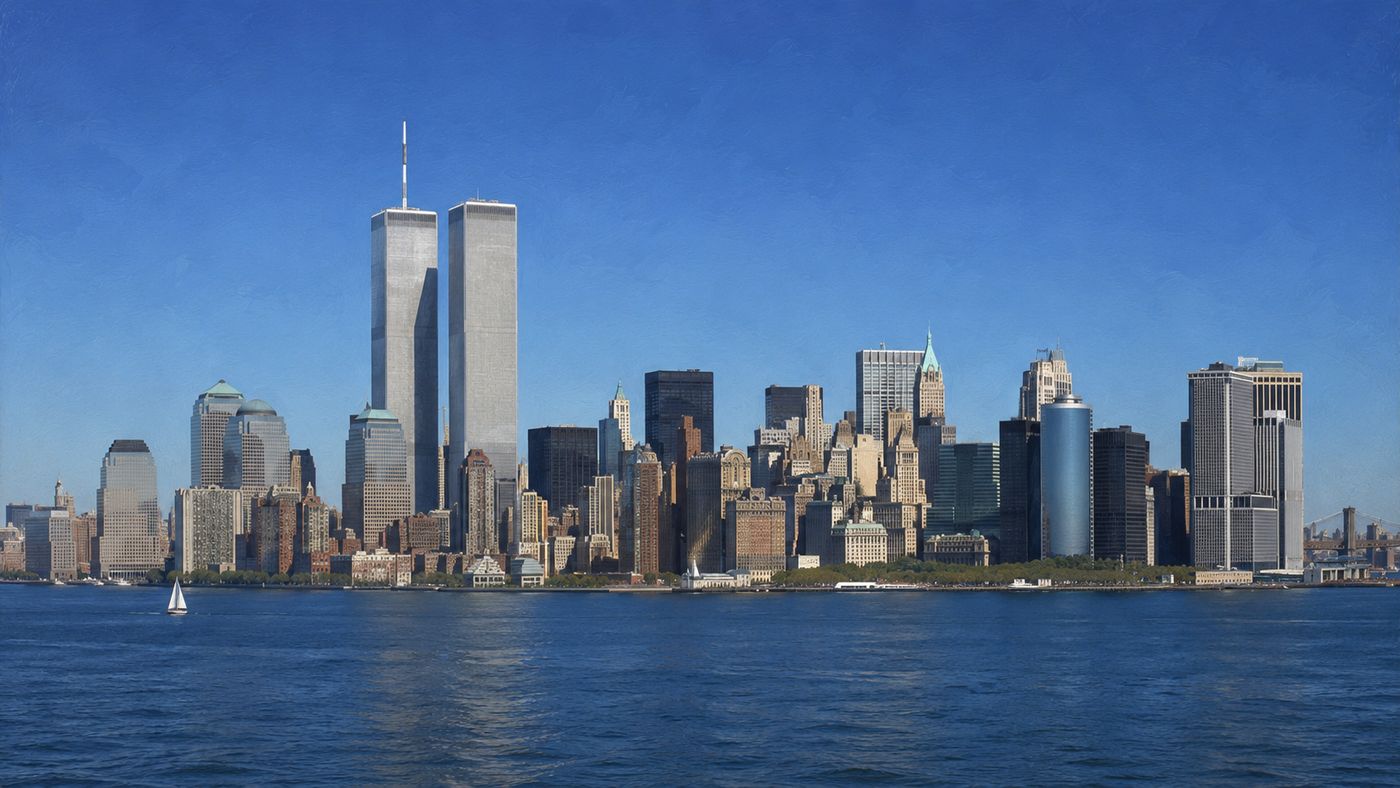 The New York City skyline on a clear September morning, the Twin Towers visible at the tip of lower Manhattan, the sky impossibly blue
