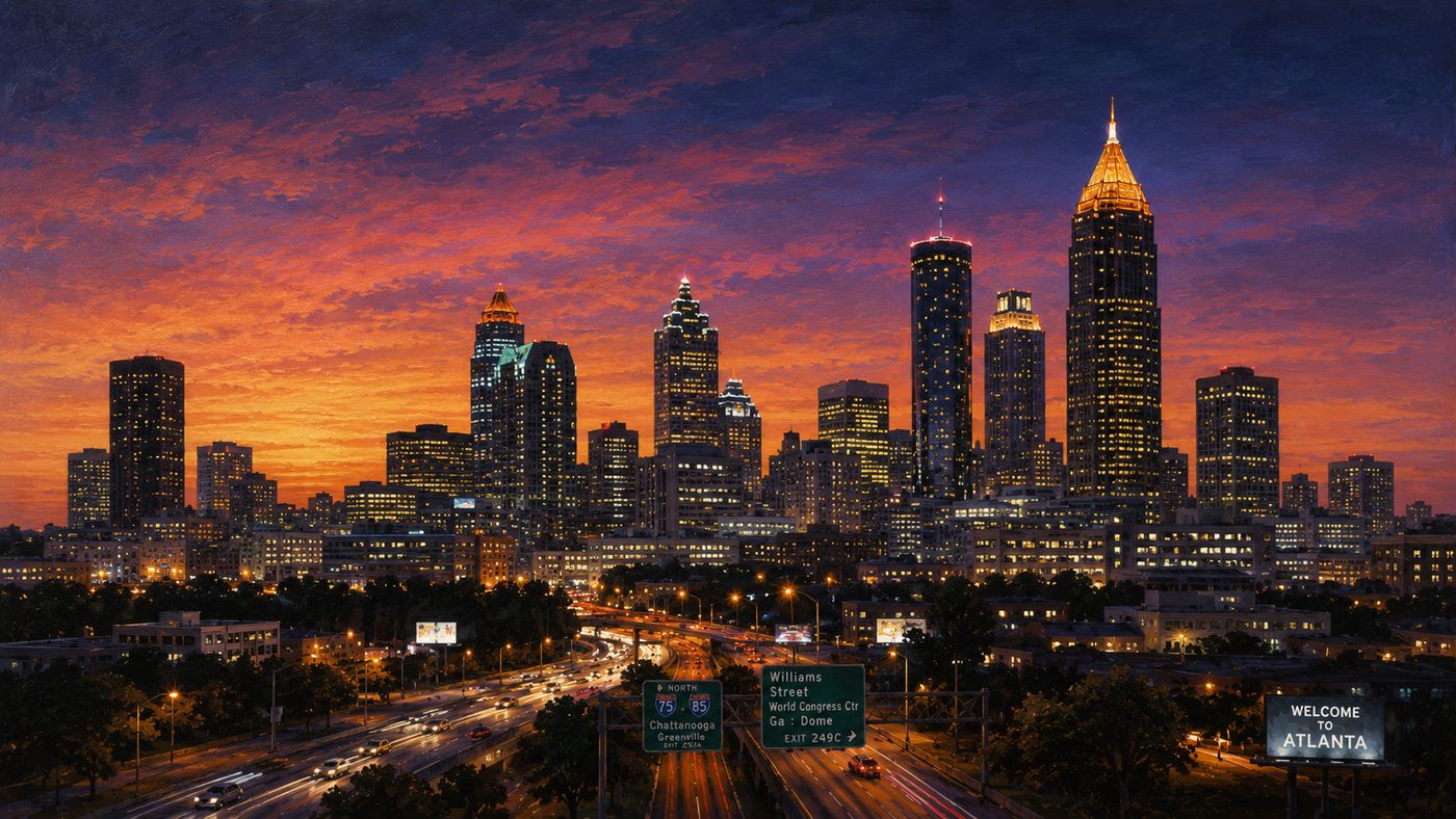 The Atlanta skyline at dusk, the city's towers visible against an orange and purple evening sky, the urban landscape that shaped a generation of hip-hop