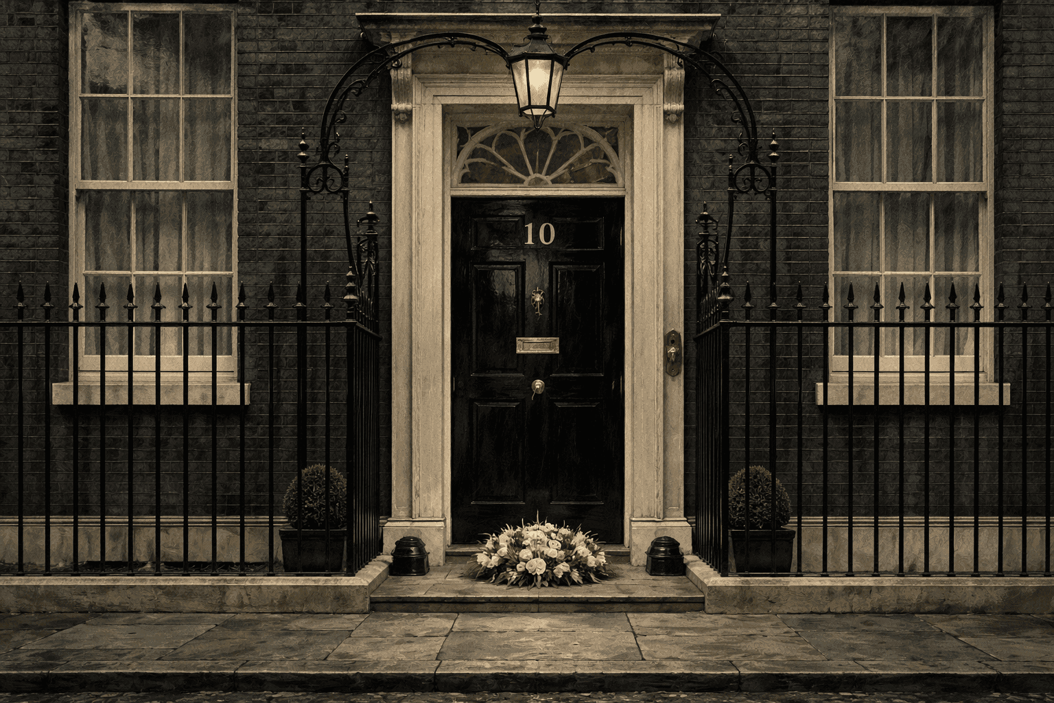 The black door of 10 Downing Street in London with a wreath laid on the step in tribute