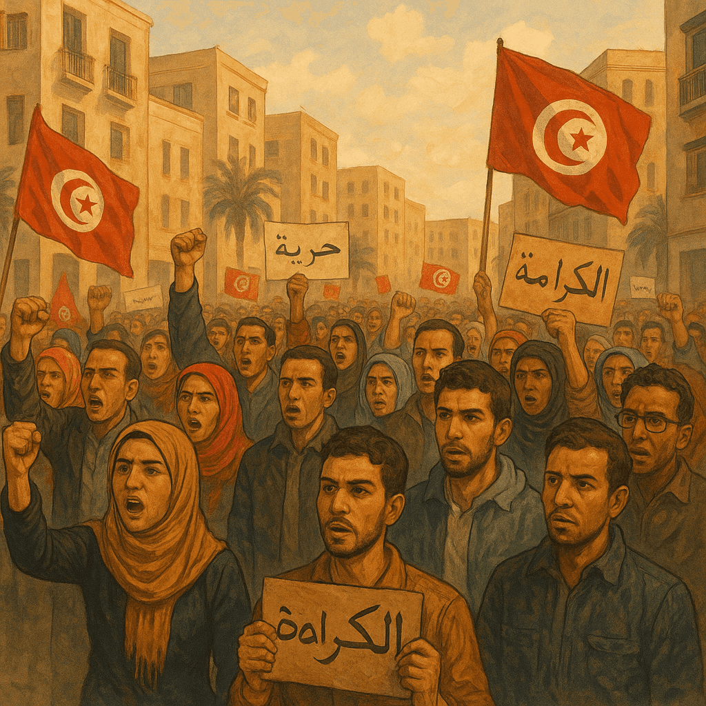 A crowded street scene in Tunisia with protesters holding signs and flags, capturing the energy and hope of the early Arab Spring demonstrations