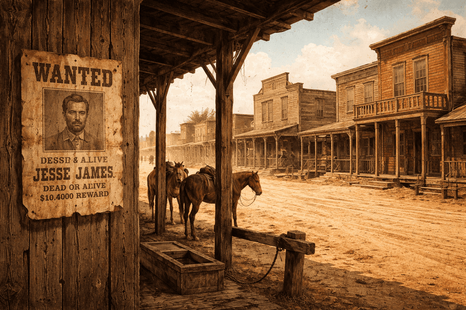 A weathered frontier town street in 1880s Missouri with a wanted poster tacked to a wooden post