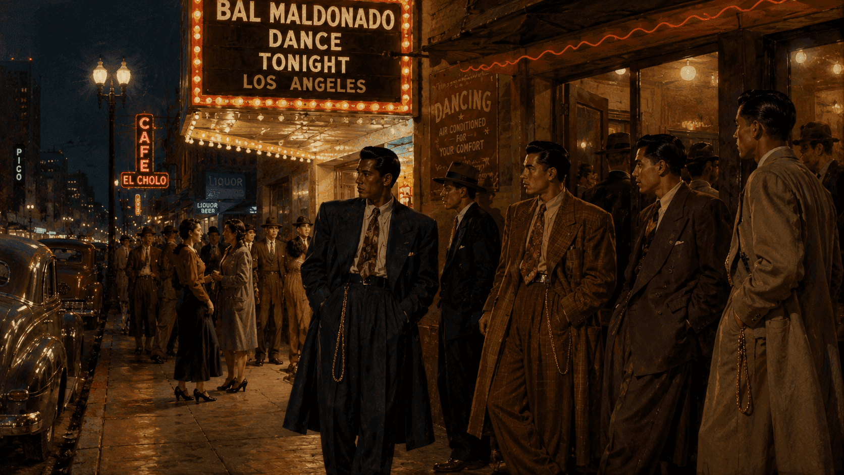 A 1940s Los Angeles street scene with Mexican American youth in zoot suits outside a dance hall on a summer evening