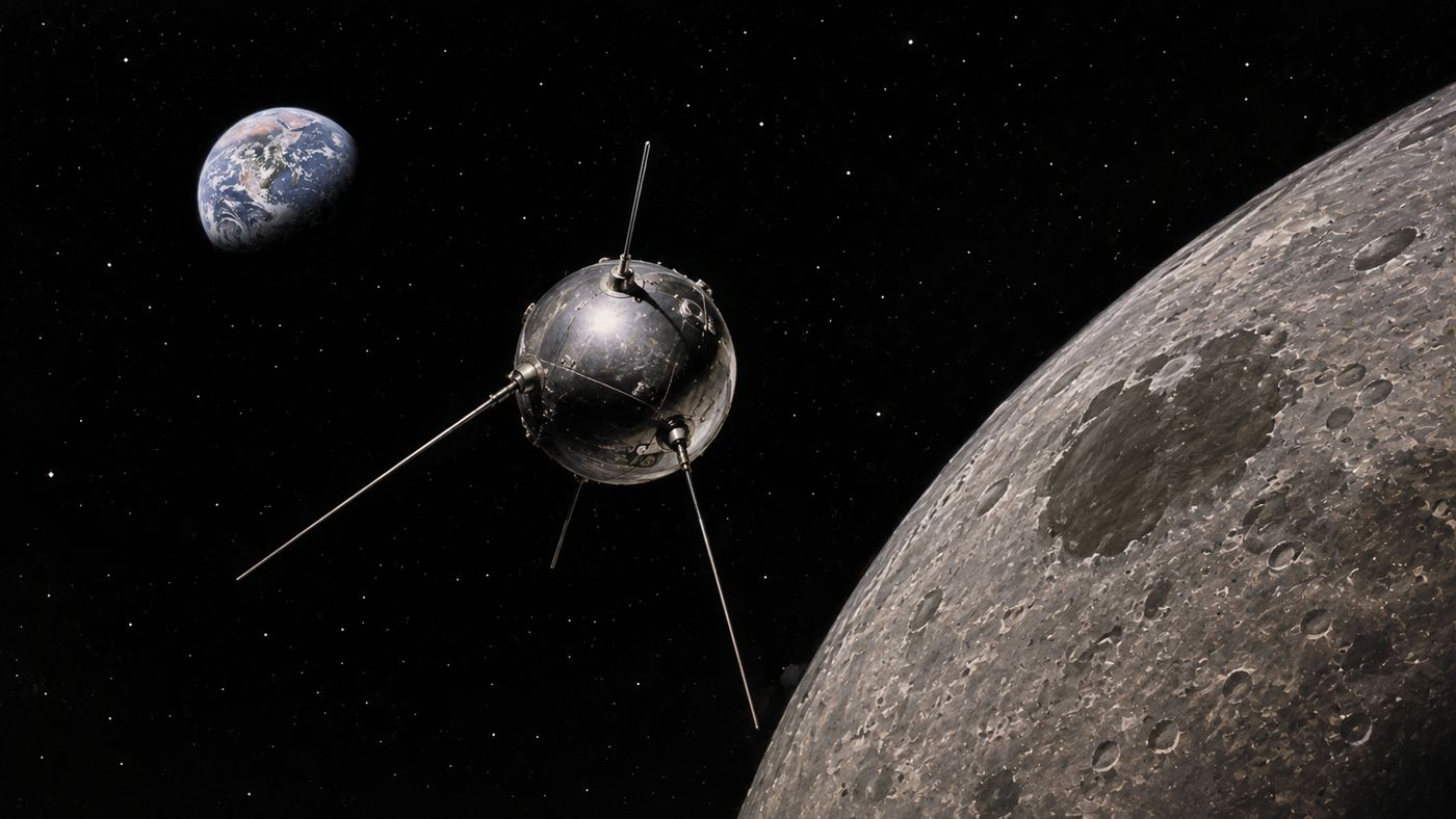 A Soviet space probe departing Earth, the spherical spacecraft visible against the darkness of space with the Moon visible in the distance