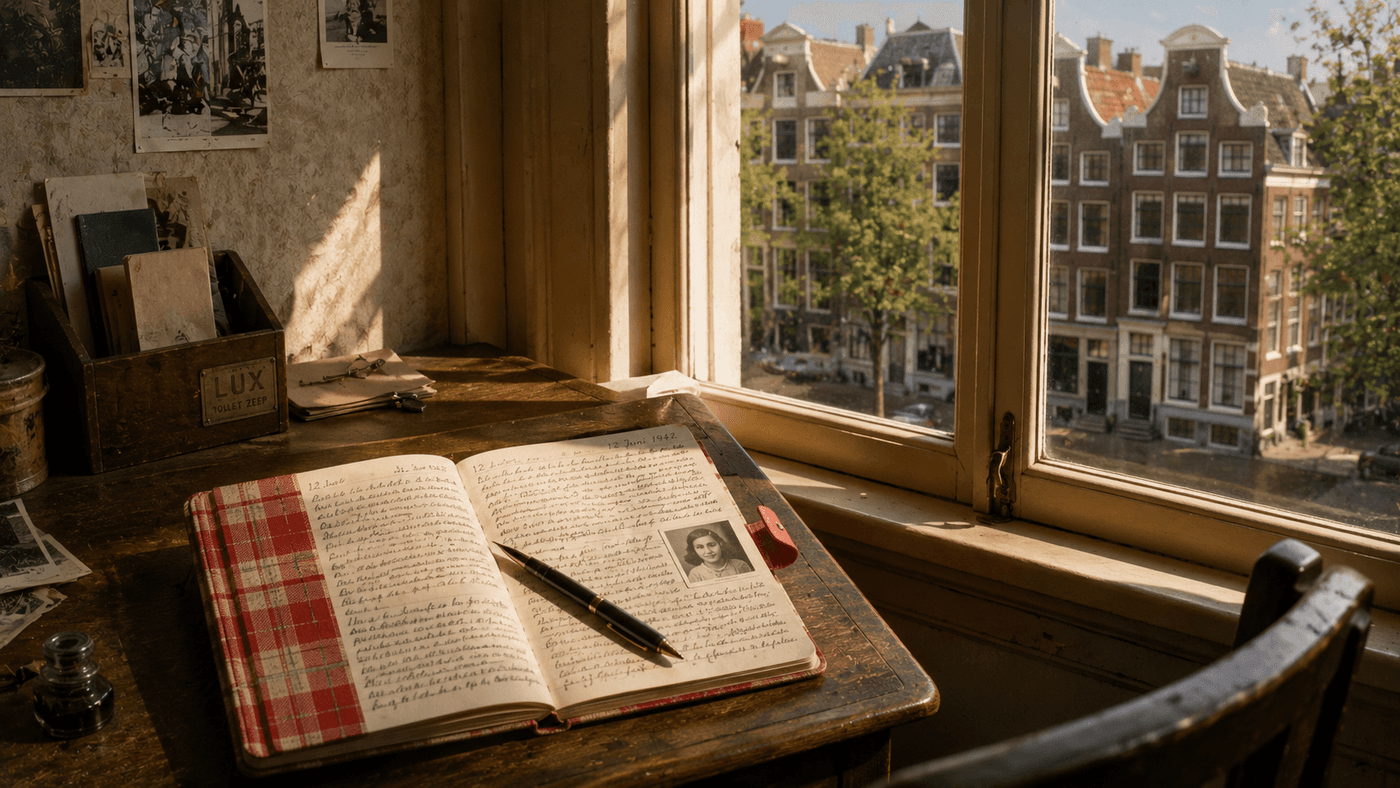A small red and white checkered diary lying open on a wooden desk beside a window in a modest Amsterdam room