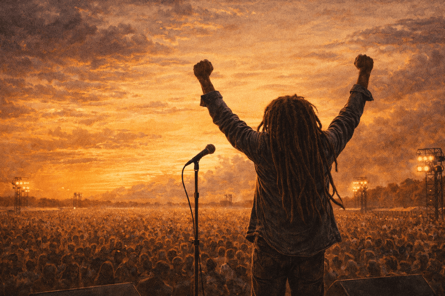 A reggae musician performing on an outdoor stage at sunset with a large crowd and tropical landscape behind him