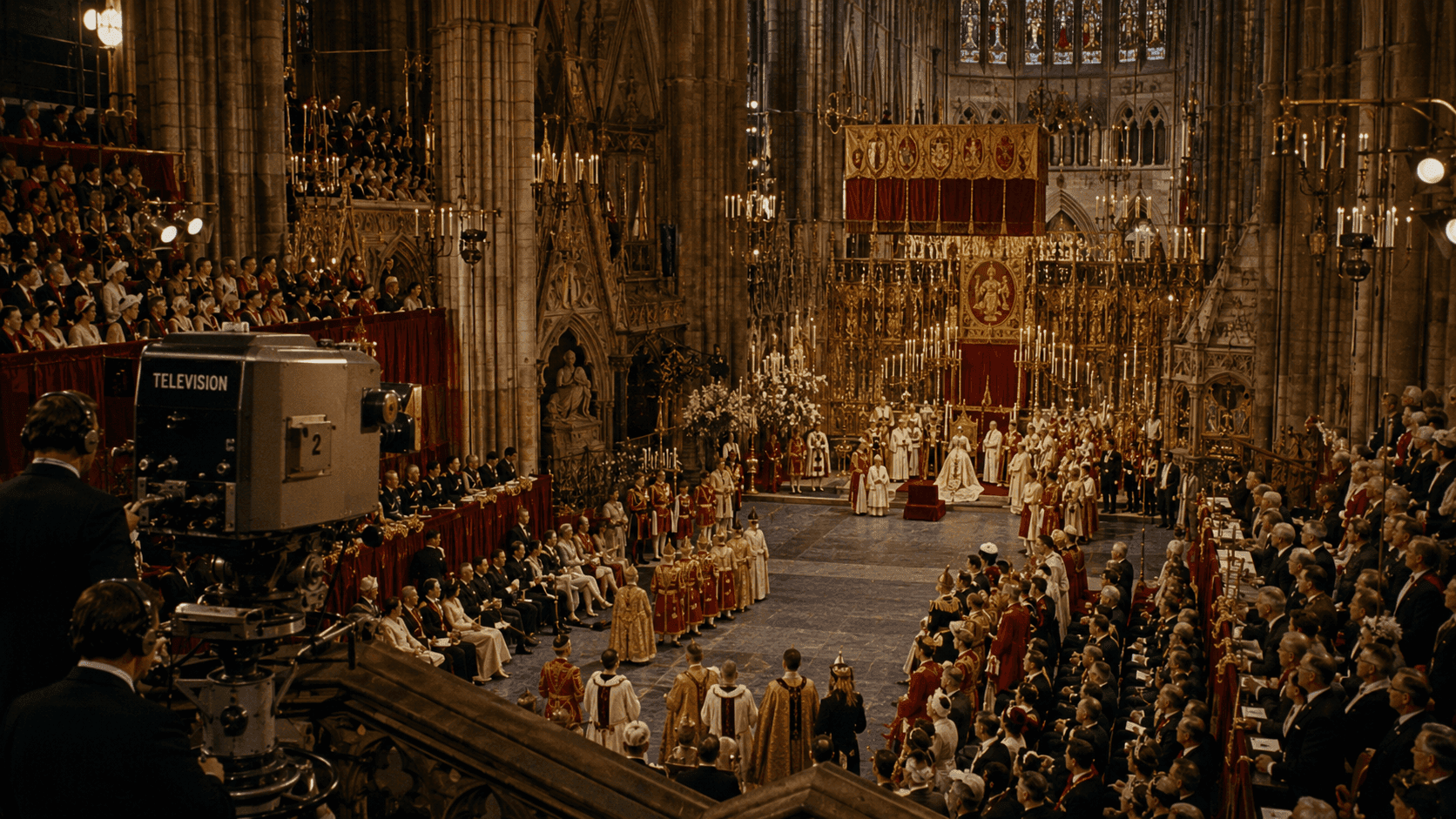 The interior of Westminster Abbey prepared for a royal coronation with gold and red ceremonial decorations and rows of seated guests