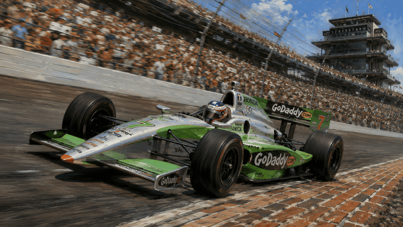A female IndyCar driver in a racing helmet and firesuit at the wheel of a sleek open-wheel race car at Indianapolis Motor Speedway