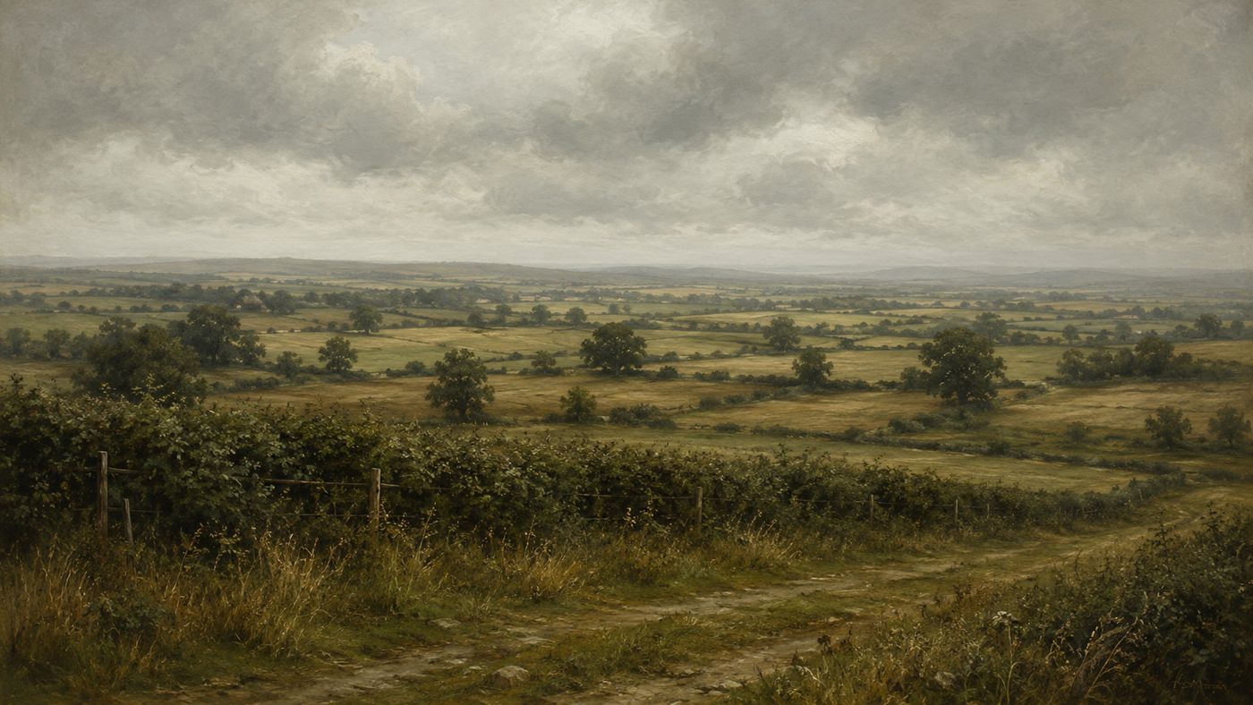 A misty English midlands landscape in late summer, rolling fields and hedgerows under a gray sky, the terrain of a medieval battlefield