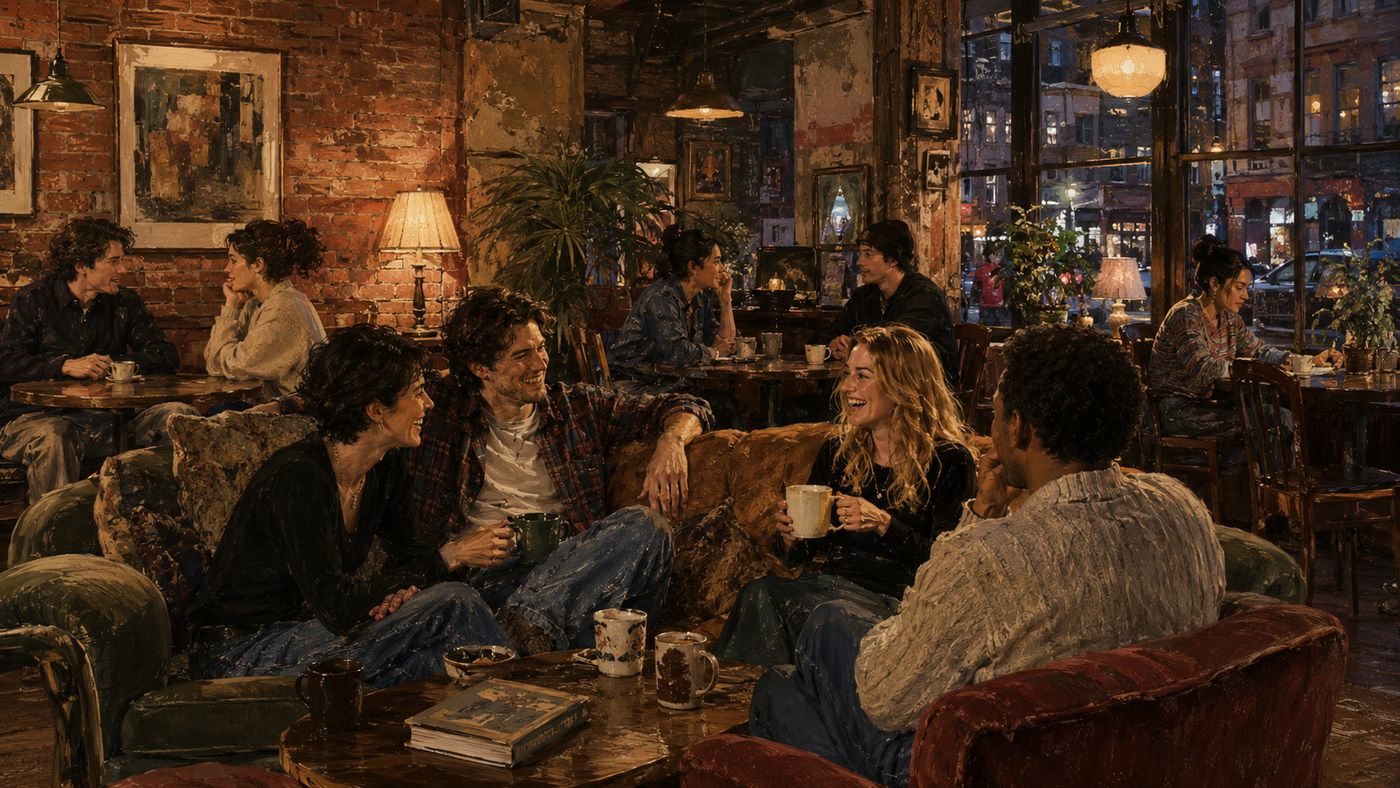 A 1990s New York City coffee shop interior, young people visible at tables and on couches, the warm amber light and urban atmosphere of mid-decade Manhattan