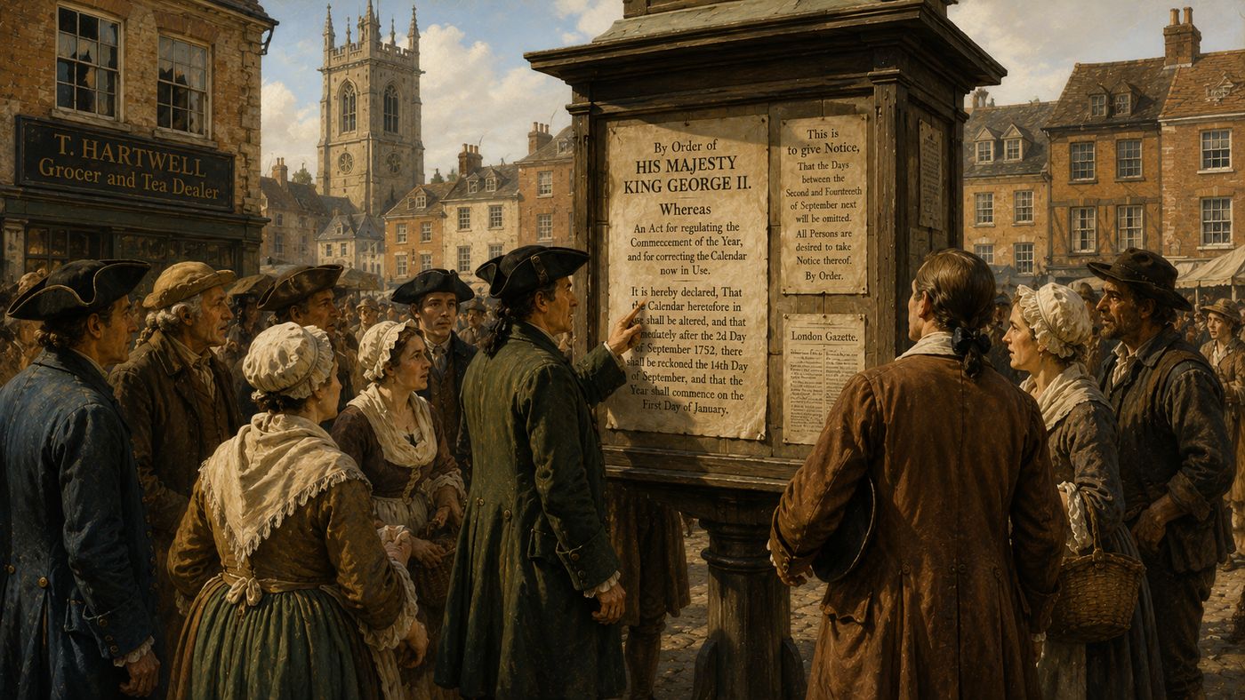 An 18th century English town center with a public notice board visible, townspeople in period dress gathered to read official announcements, the scene one of confused civic activity