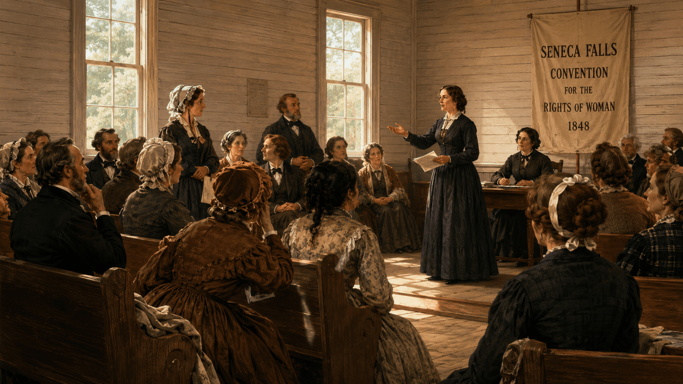 A modest 19th century American chapel interior with wooden pews filled with men and women in period dress engaged in earnest discussion