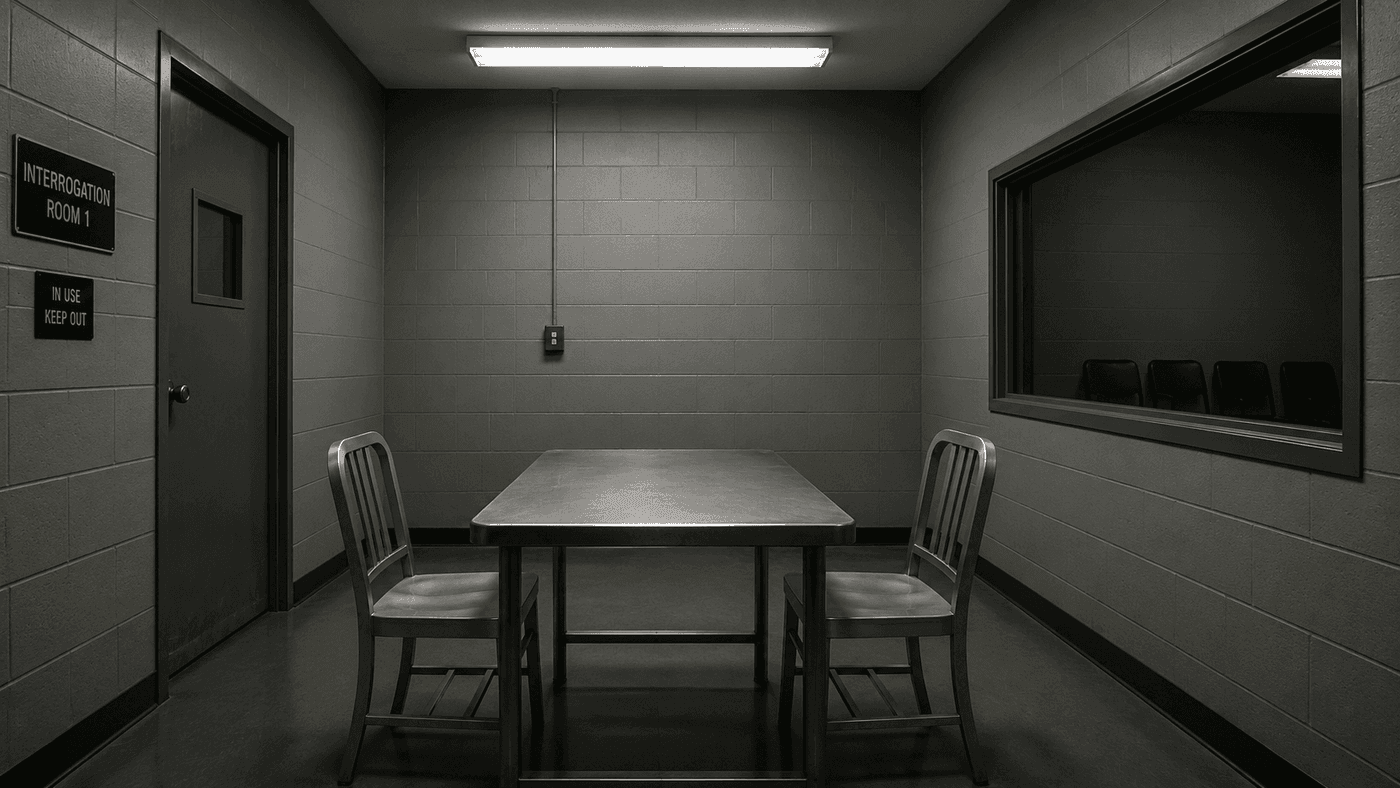 The interior of a 1960s American police interrogation room with a metal table two chairs and a one-way mirror on the wall