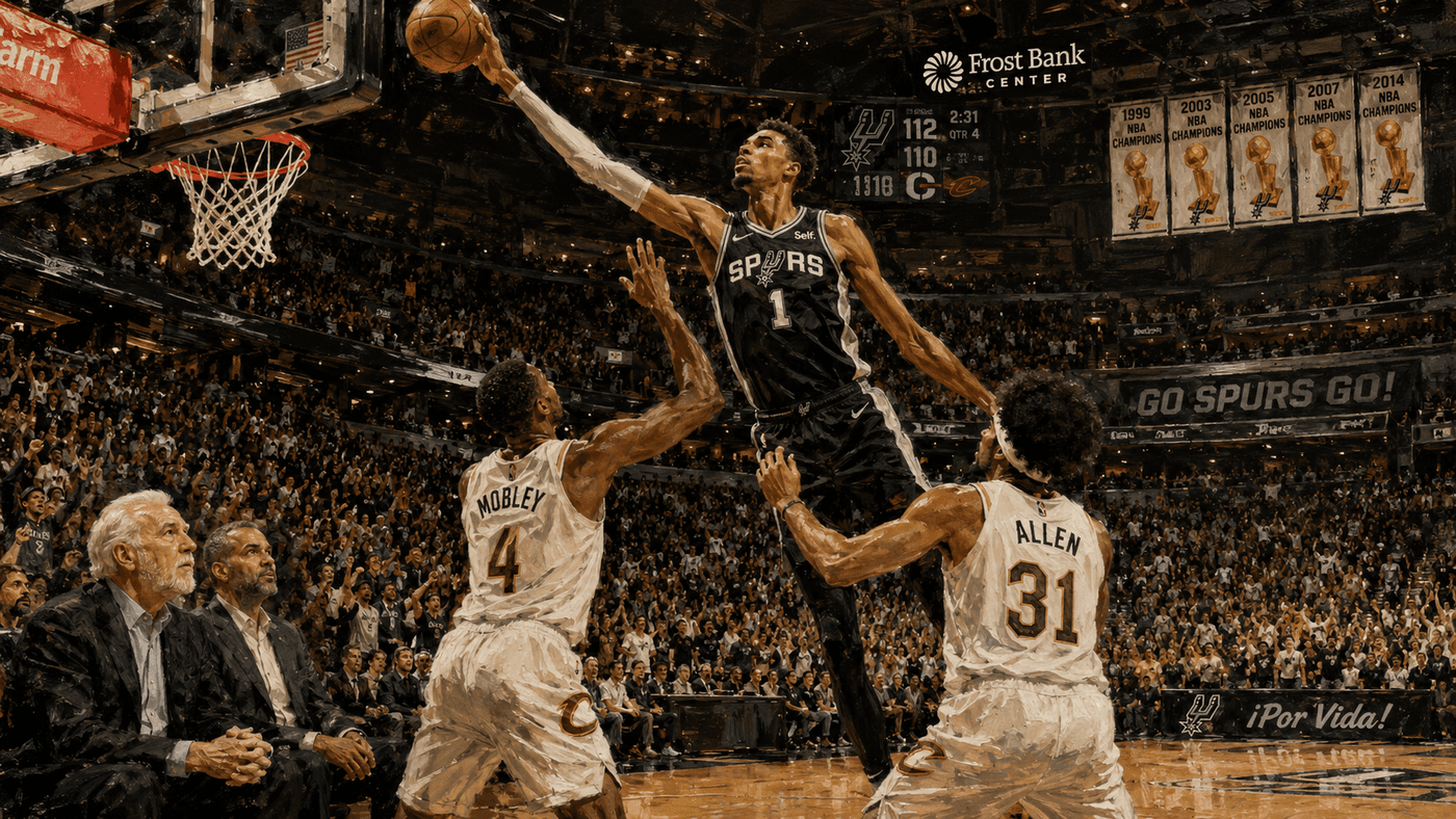 A young basketball player in San Antonio Spurs silver and black rises for a shot over a defender in a packed arena, evoking the lineage of great Spurs big men from Robinson to Duncan to Wembanyama