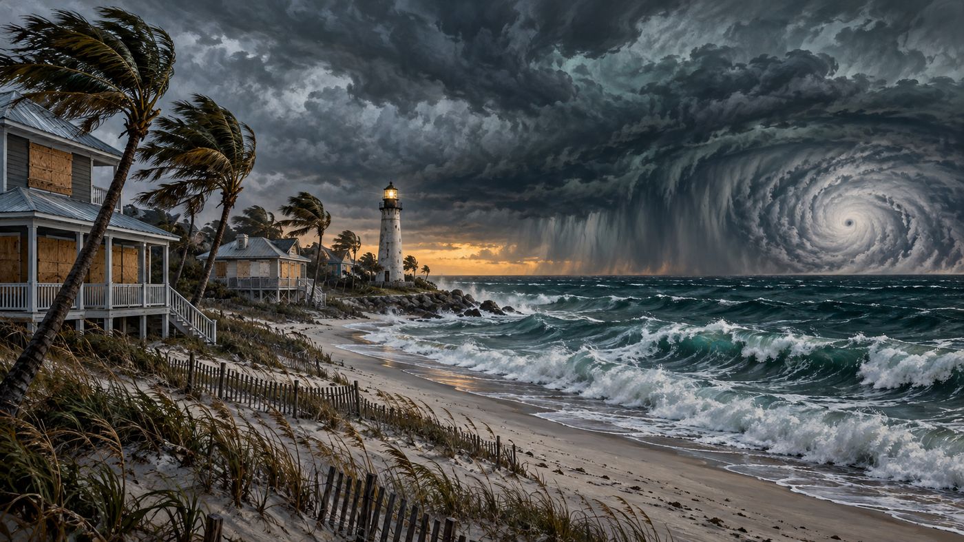 A stormy Gulf Coast beach with dark clouds, rough surf, and boarded-up coastal buildings