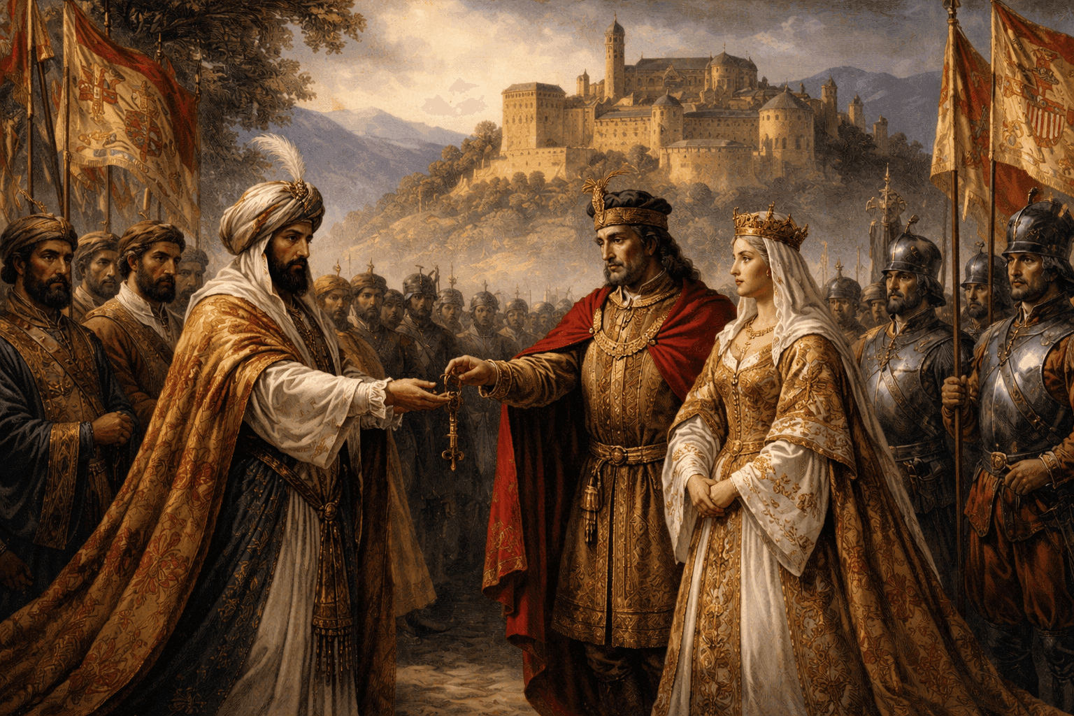 The surrender of Granada in 1492 showing Muhammad XII handing keys to Ferdinand and Isabella with the Alhambra palace visible in the background