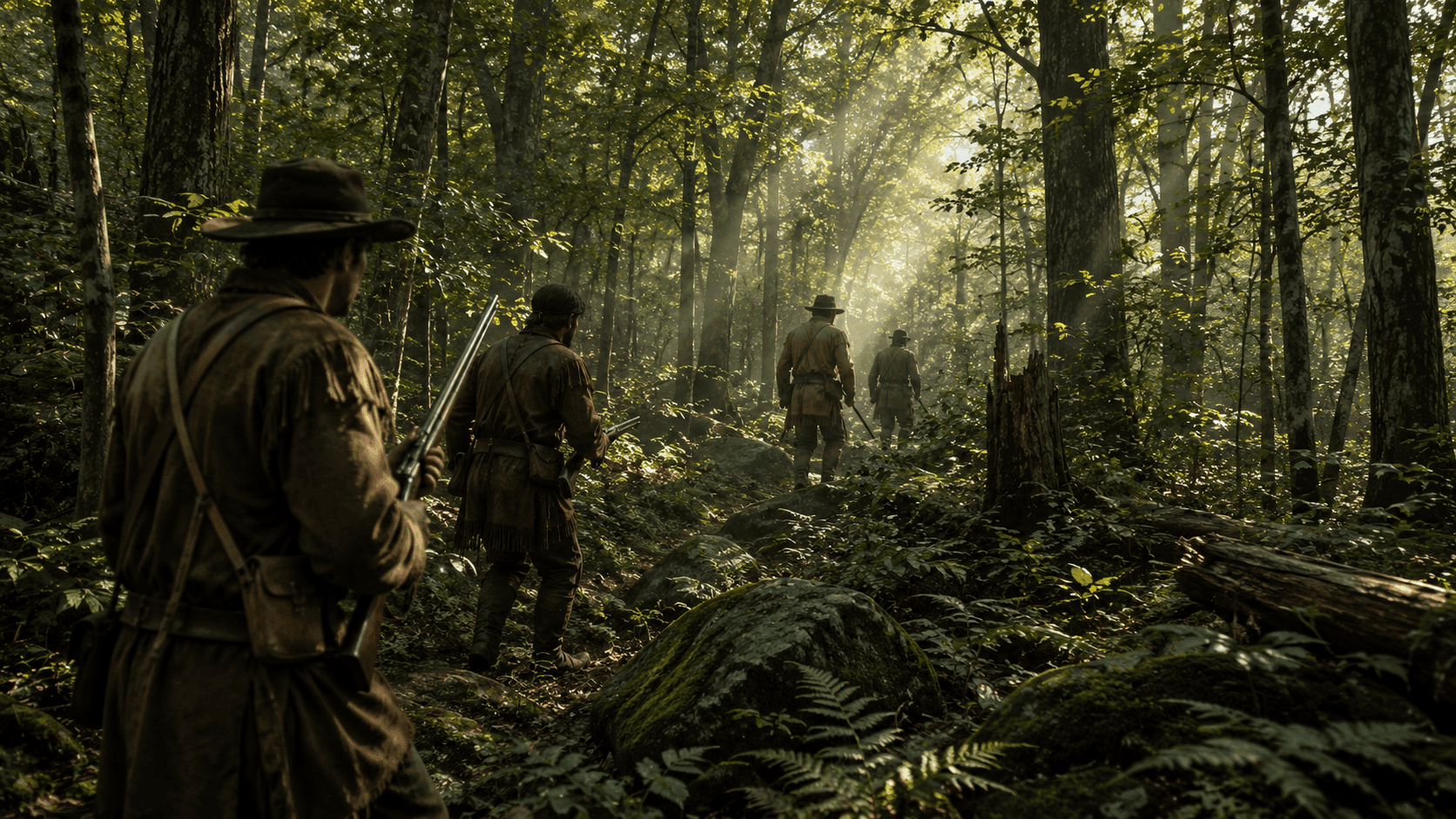 Colonial militia soldiers moving through a dense Pennsylvania forest in 1754 with muskets at the ready