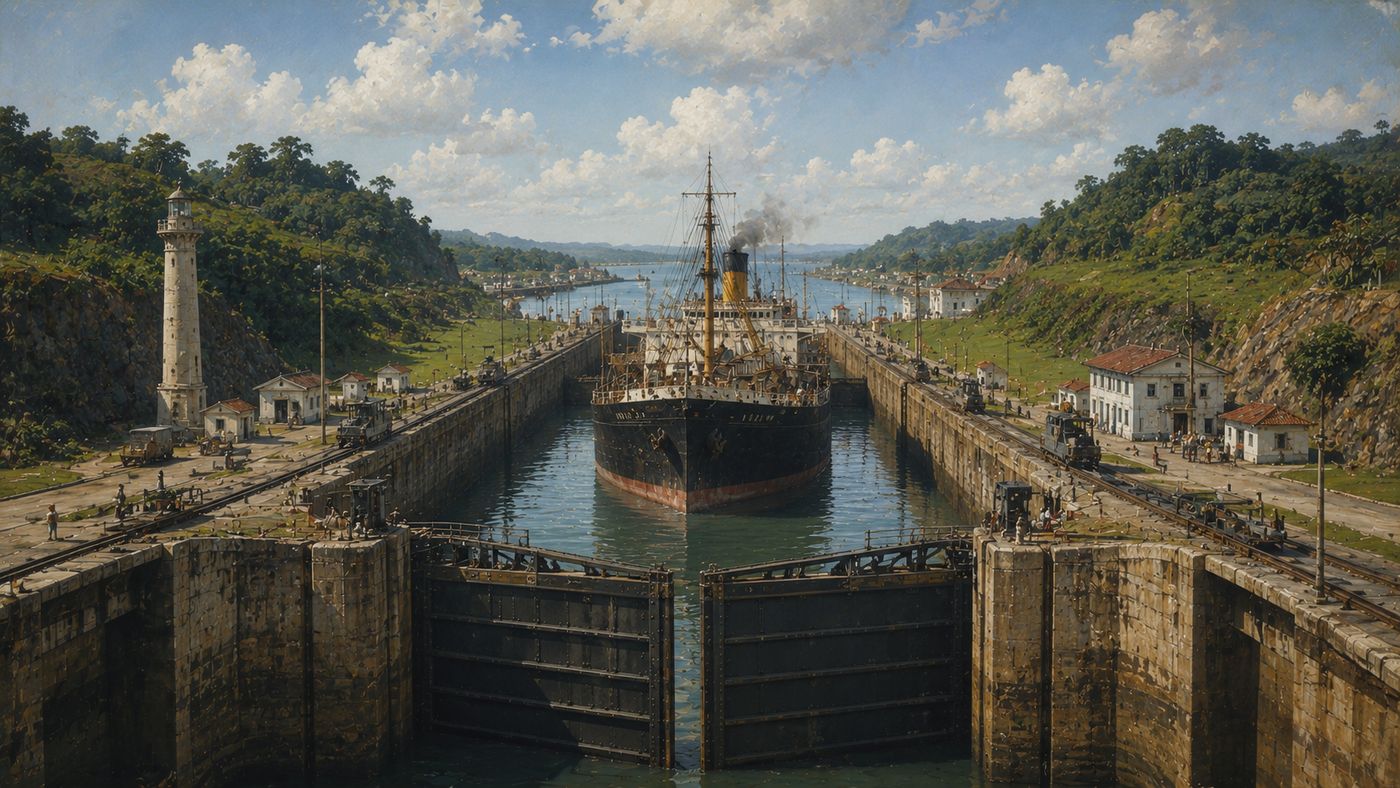 A large cargo ship transiting a tropical canal lock, dense jungle visible on both banks, the lock gates massive in the foreground