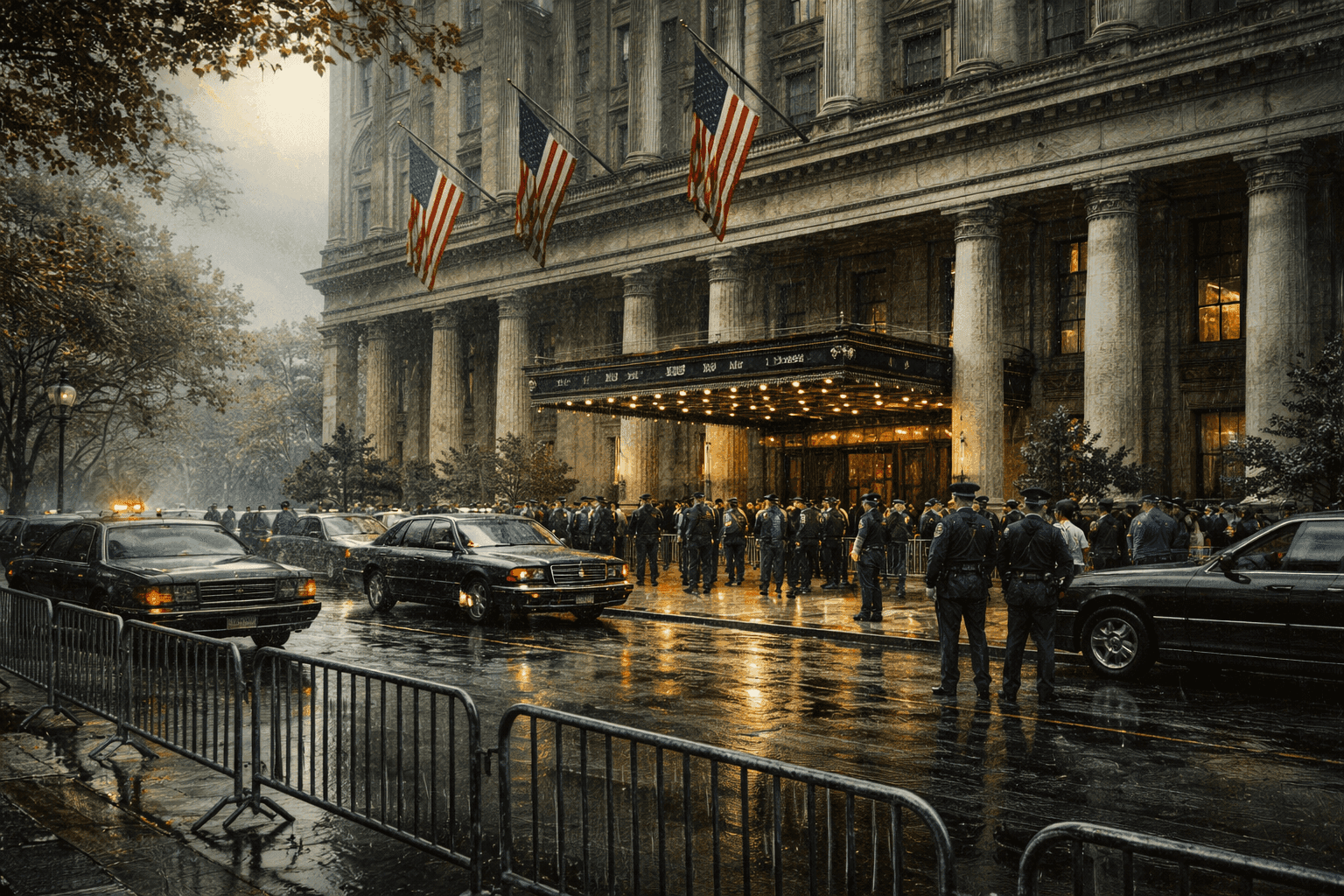 The exterior of the Washington Hilton Hotel in Washington D.C. on a gray overcast day