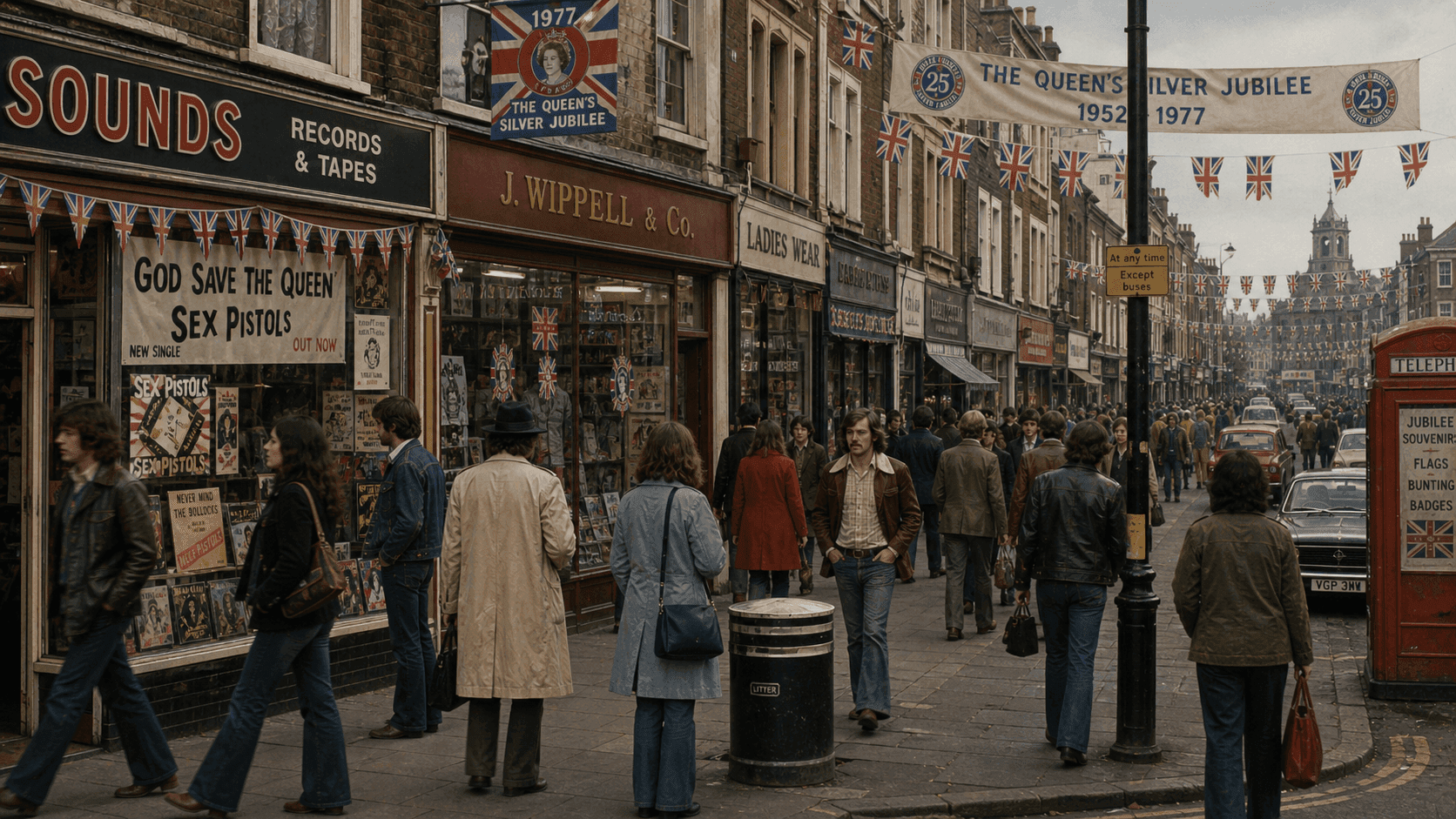 A 1970s British high street with union jack decorations and Jubilee bunting alongside a record shop window displaying controversial album covers