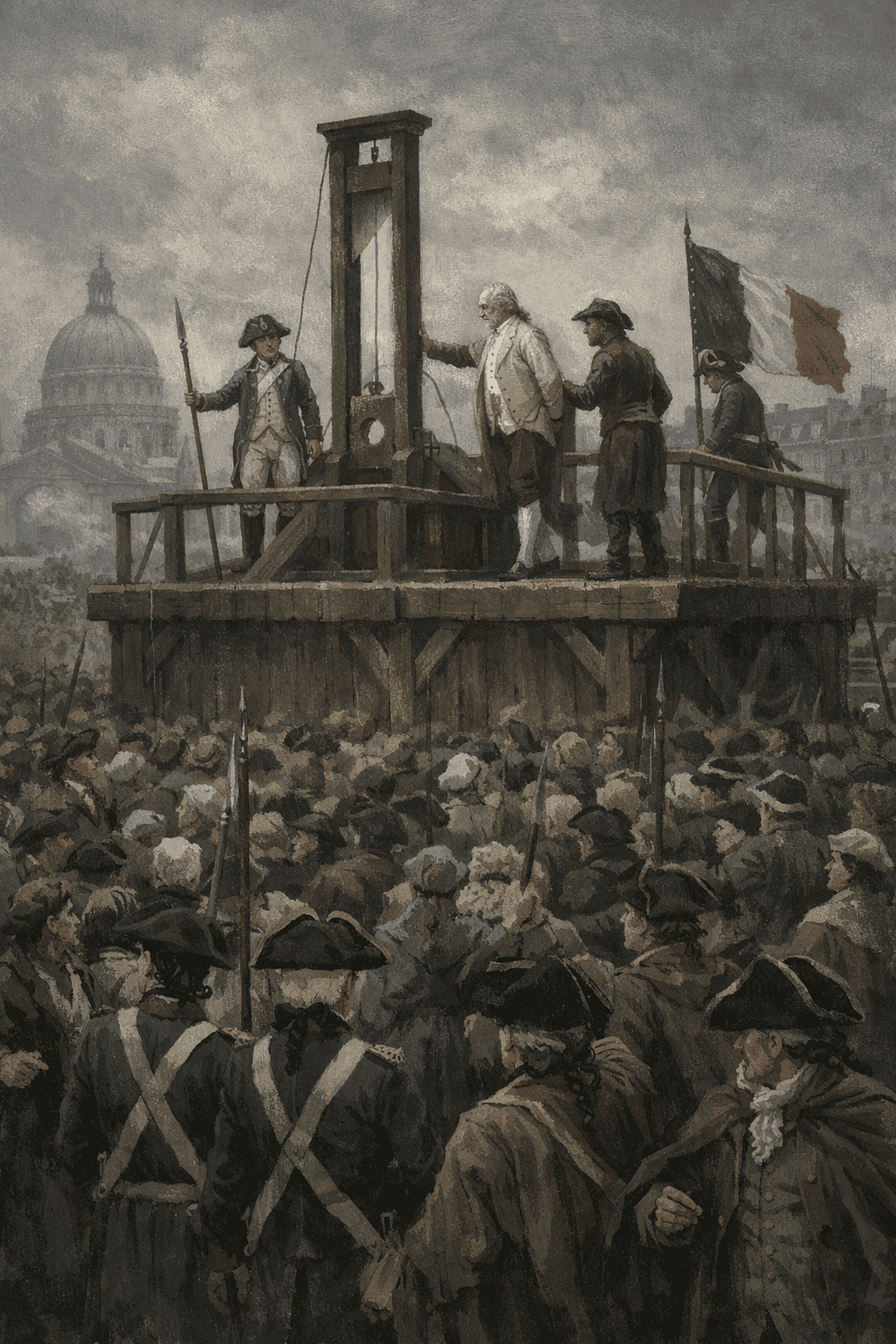 The execution of King Louis XVI with the guillotine on a platform before a gathered crowd in revolutionary Paris