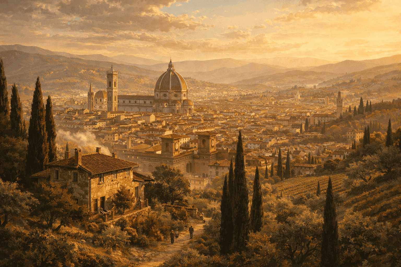 Historical illustration of Renaissance Florence with the Tuscan countryside and artistic atmosphere of 15th century Italy