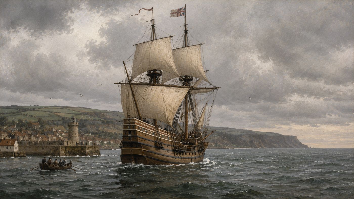 A 17th century English sailing vessel departing a harbor, its sails filling with wind as it moves toward the open Atlantic, the English coast visible behind