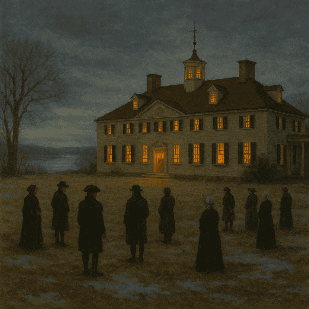 Mount Vernon estate at twilight, with candlelight glowing in windows as mourners gather to pay respects to the fallen president