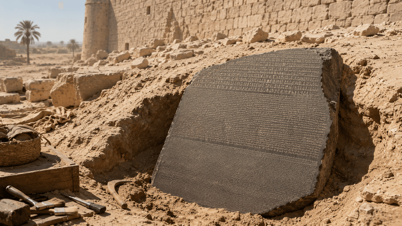 A dark ancient inscribed stone slab partially excavated from sandy Egyptian soil, fortification walls visible in the background under a hot desert sun