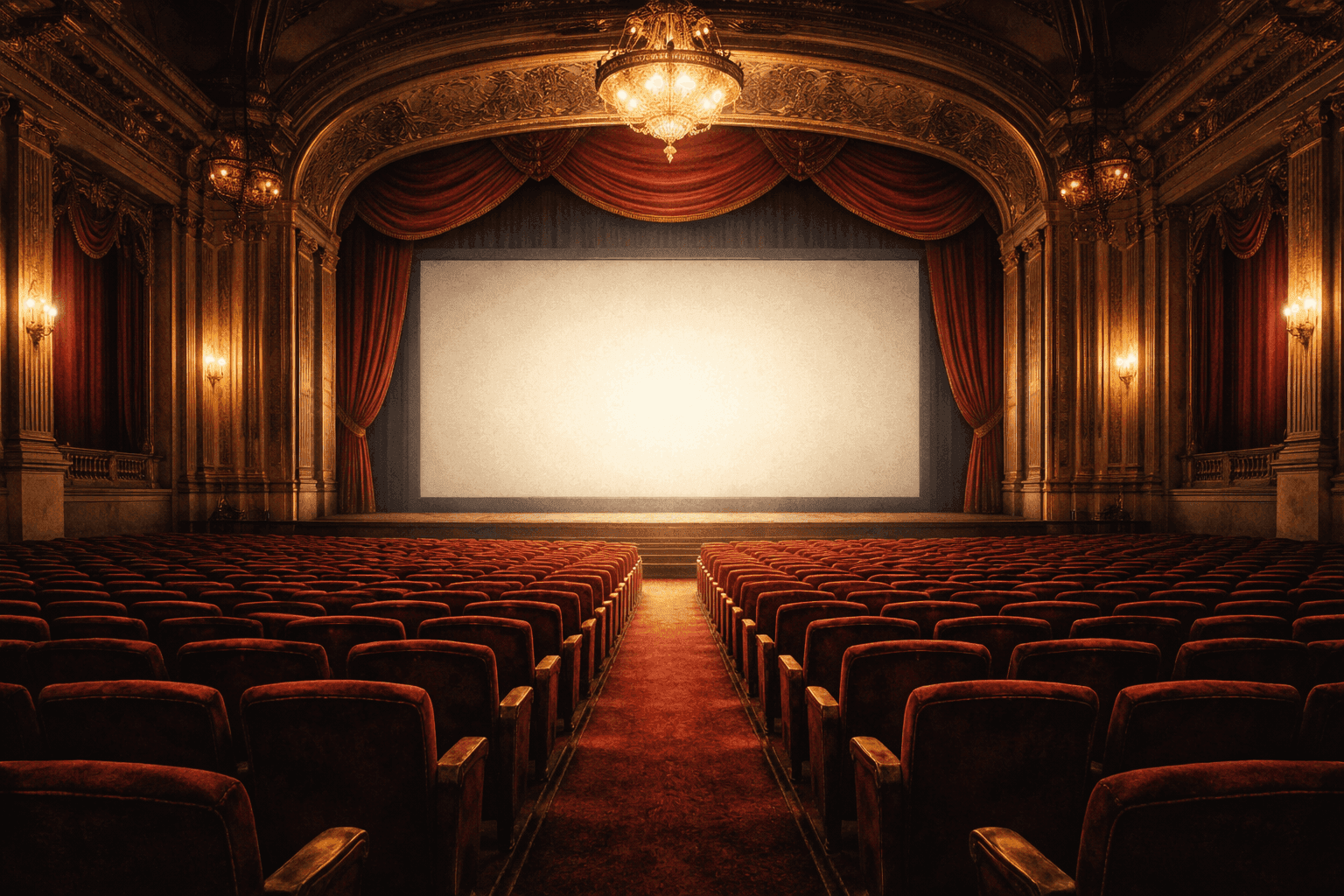 The interior of a classic mid-century movie theater with rows of red velvet seats facing an illuminated screen