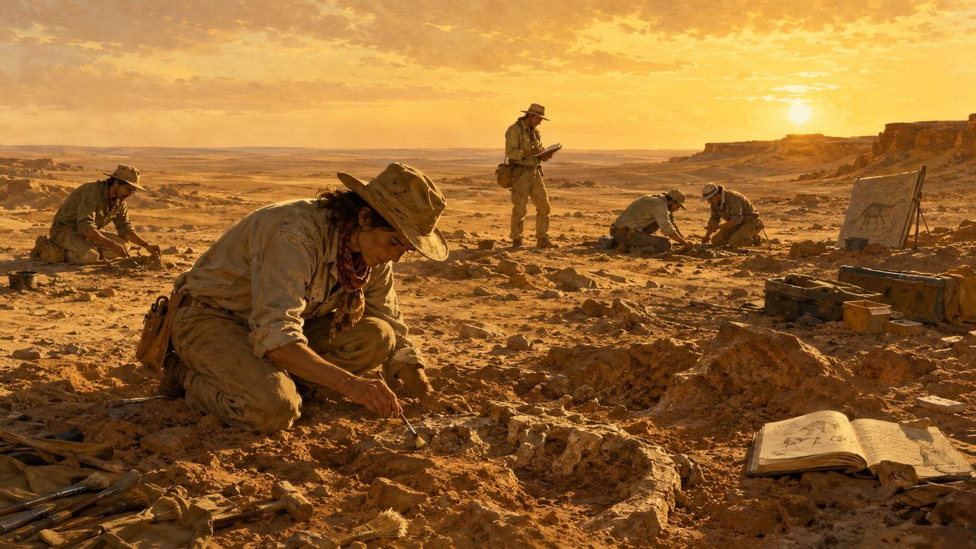 A paleontologist carefully excavating fossil bones from sandy Egyptian desert terrain at the Wadi Moghra fossil site