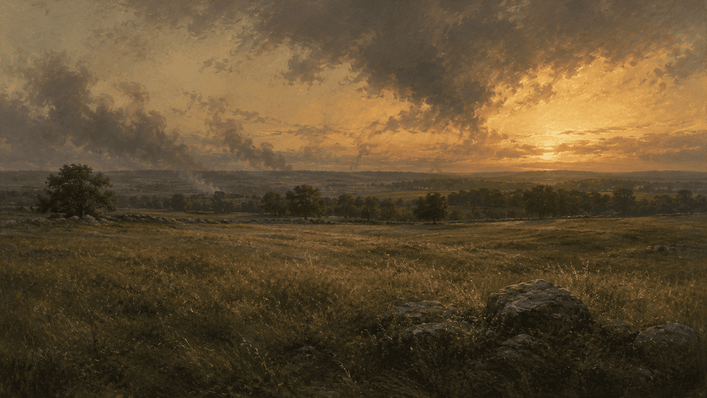 A sweeping view of the Gettysburg battlefield at dusk, open fields stretching toward a distant ridge line under a heavy sky