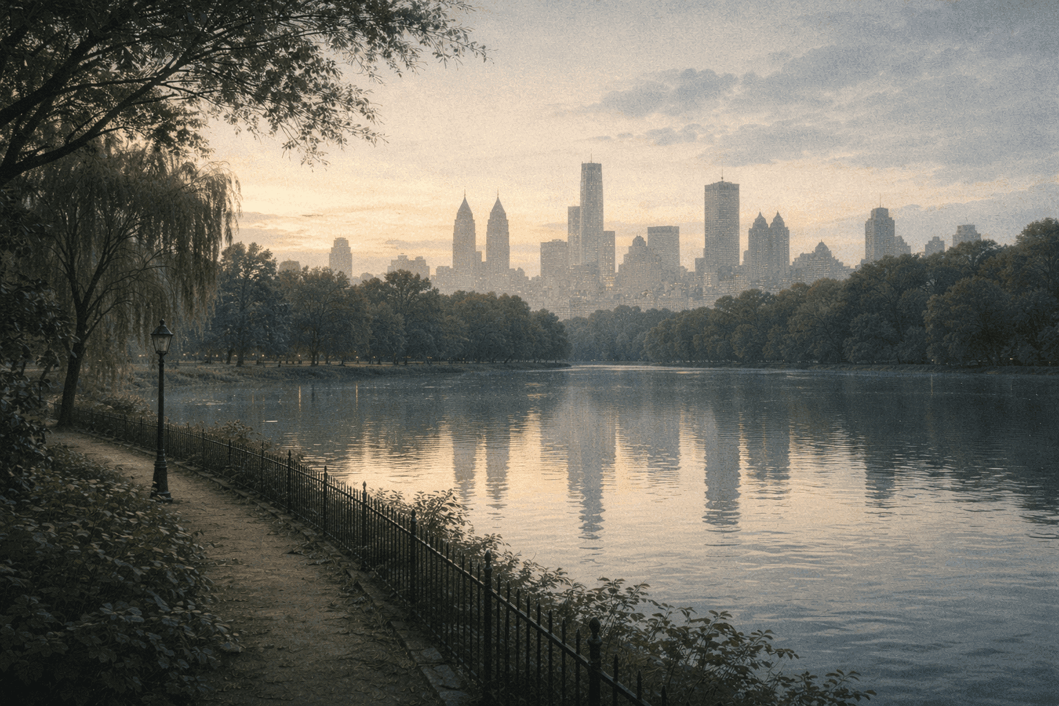 The Manhattan skyline reflected in the still waters of the Central Park reservoir at dawn