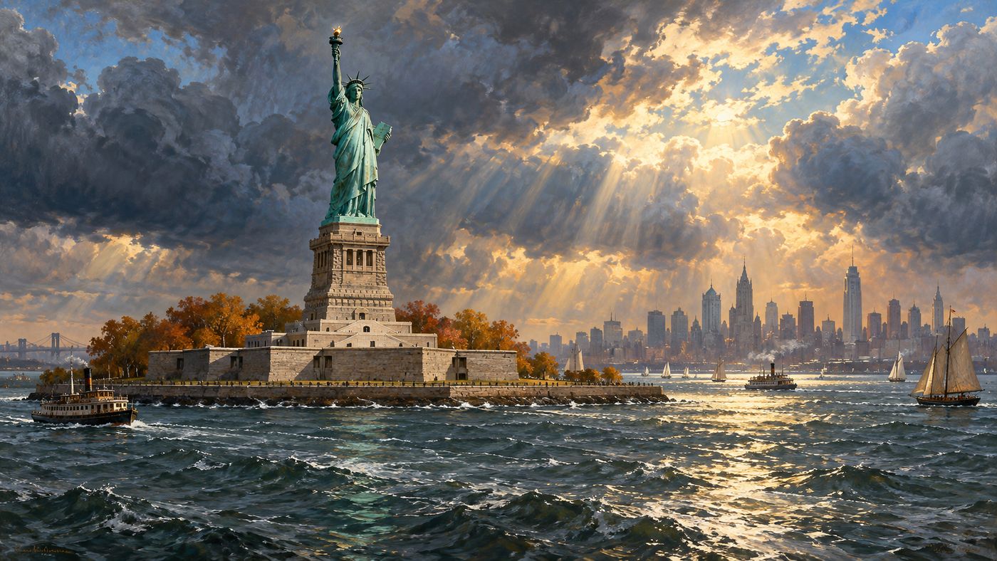 A painterly illustration of the Statue of Liberty seen from the water — the full figure rising from its star-shaped pedestal on Bedloe's Island, New York Harbor stretching around it, the Manhattan skyline faint in the distance, a dramatic sky above