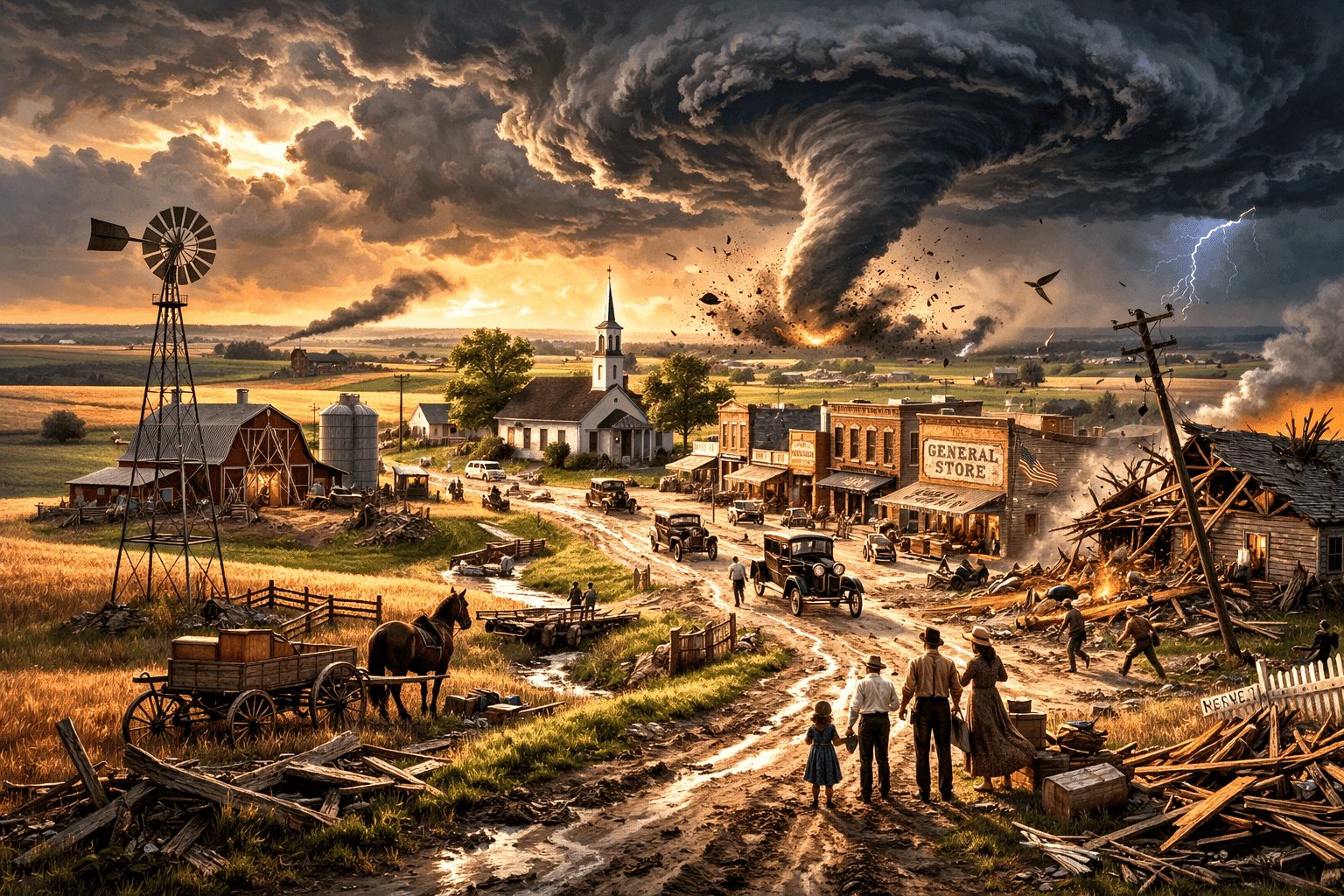 Historical illustration of 1920s Midwest landscape with rural towns and open plains