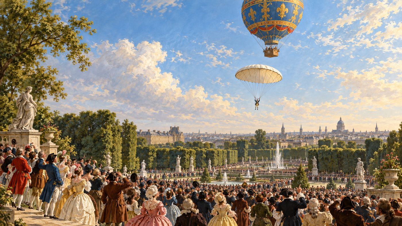 A painterly illustration of a late 18th-century Parisian park scene — an elegant formal garden with a large crowd of figures in period dress looking upward, a colorful hydrogen balloon high above trailing a descending figure beneath a large silk canopy