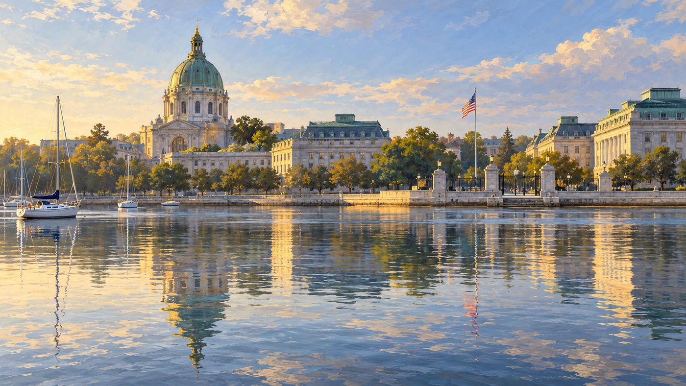 A painterly illustration of the United States Naval Academy in Annapolis — its Beaux-Arts chapel dome and granite academic buildings seen from across the Severn River, morning light on the water