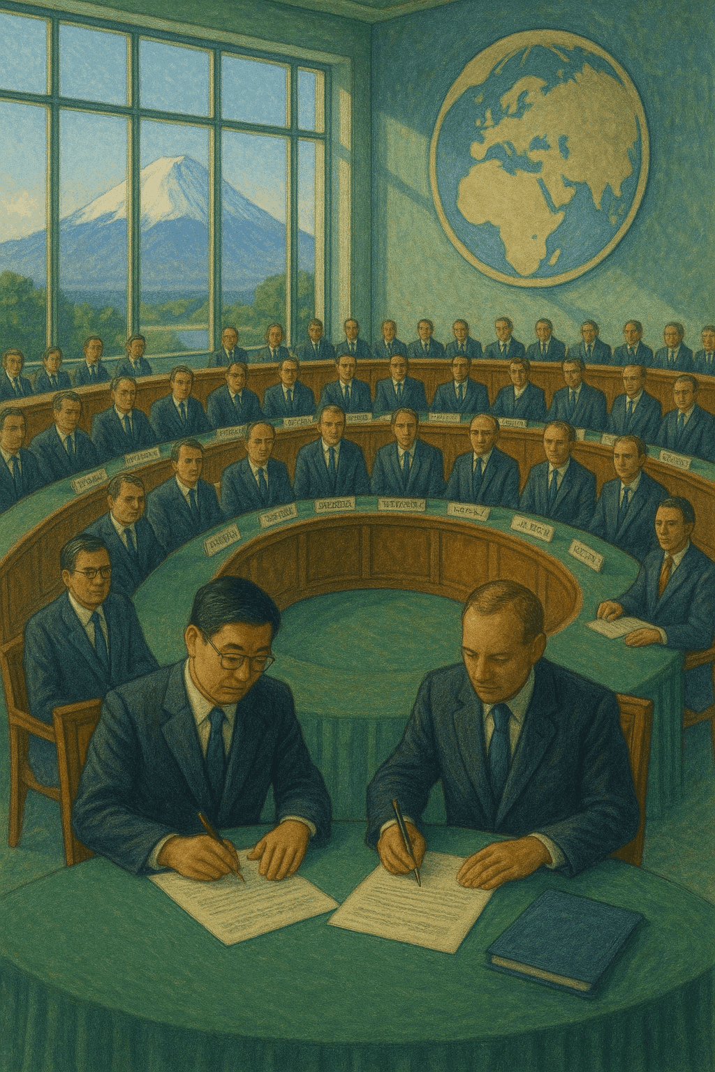 International delegates gathered in a modern conference hall in Kyoto, with the Earth visible through large windows, symbolizing global unity for environmental action