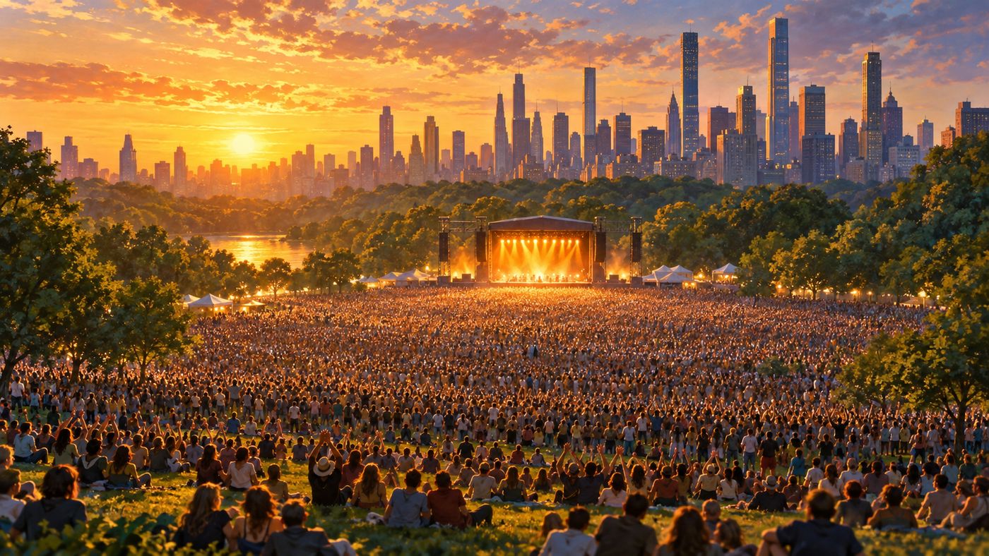 A massive outdoor concert crowd filling a green park lawn beneath a stage under evening light