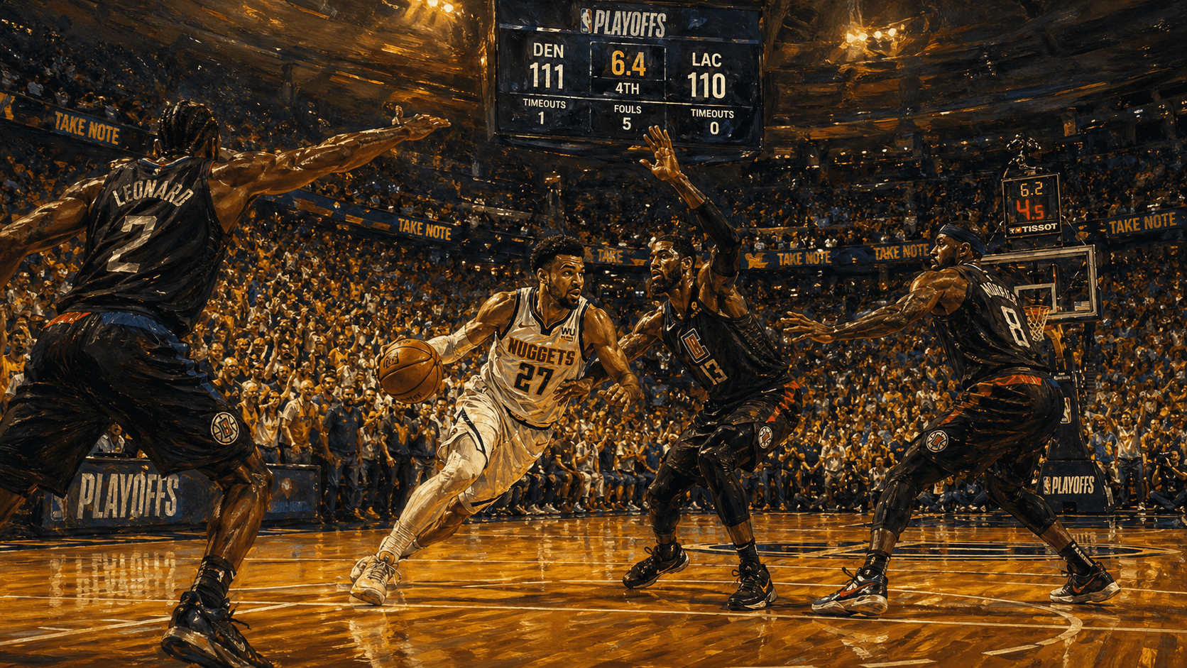 A packed NBA arena during a tense playoff elimination game, the crowd on its feet in the final minutes