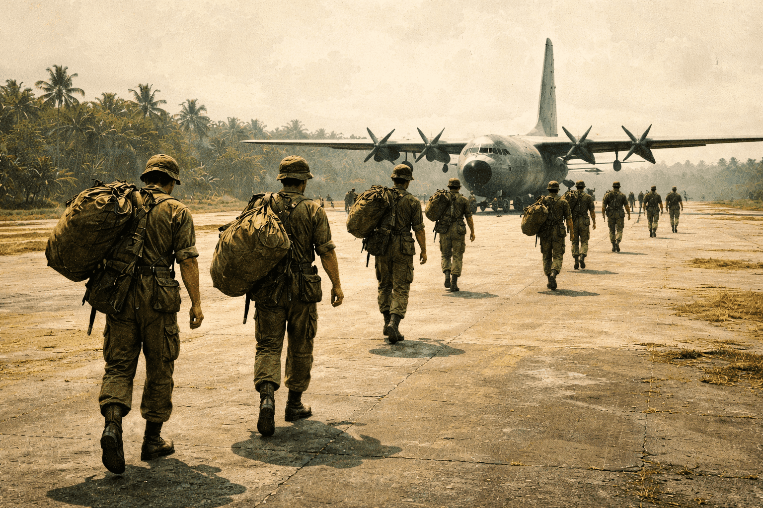 Military transport aircraft on a tarmac in Southeast Asia as American soldiers prepare to depart Vietnam in 1973