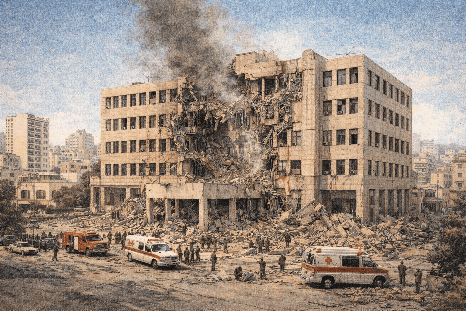 The damaged facade of a large government building in Beirut following a devastating explosion in 1983
