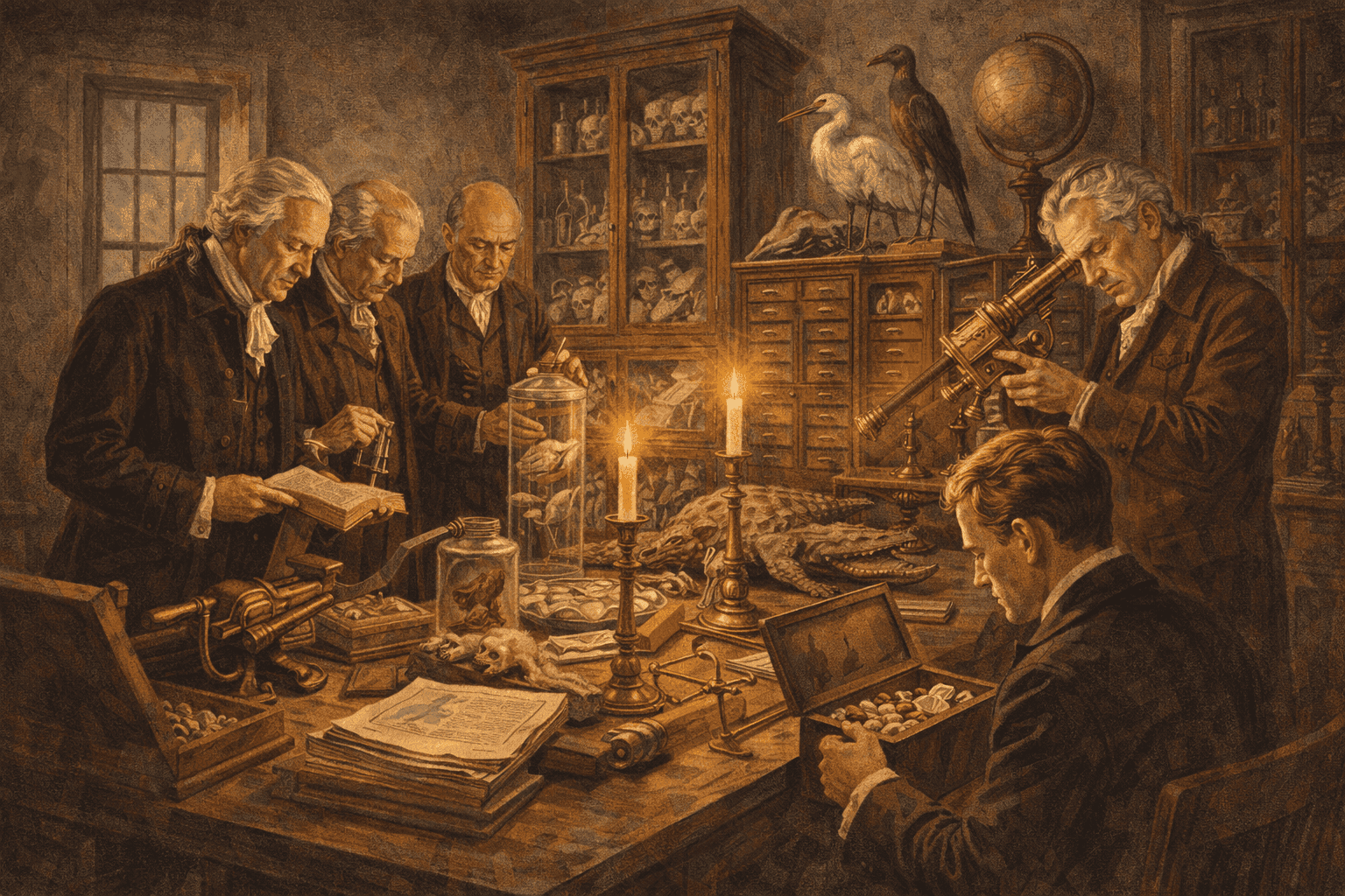 The Charleston Museum founding in 1773 colonial setting with early American artifacts, natural specimens, and Enlightenment-era atmosphere