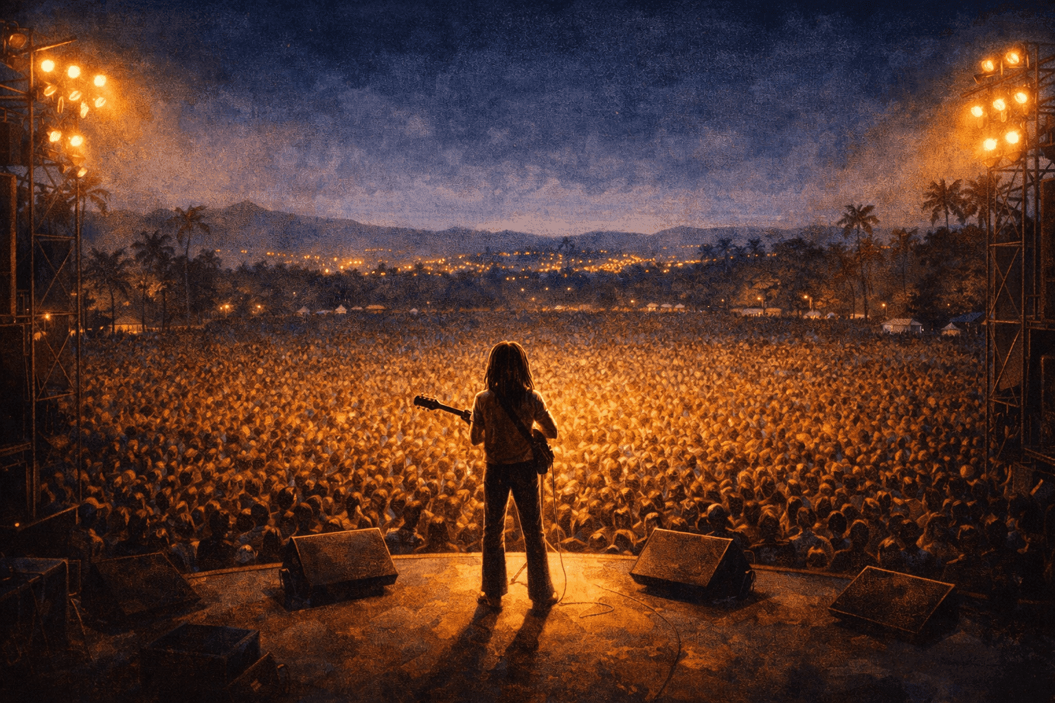 A reggae performer on a vast outdoor concert stage in Jamaica with thousands of people filling the field below under a night sky
