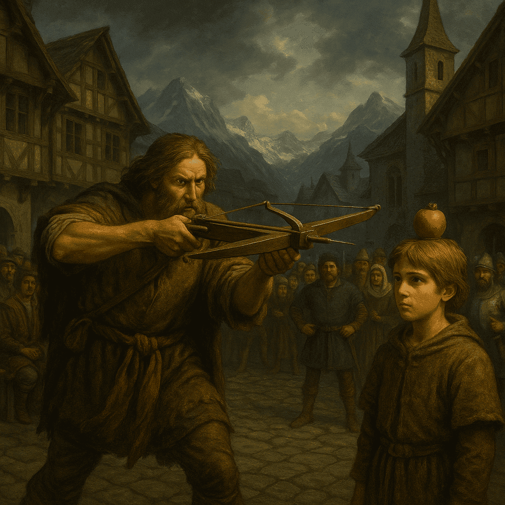 William Tell aiming his crossbow at the apple on his son's head