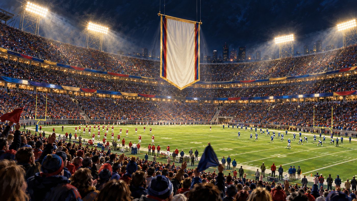 A packed NFL stadium at night under bright lights, evoking a season-opening football game