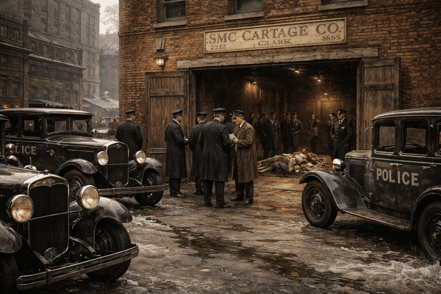 The garage on North Clark Street after the St. Valentine's Day Massacre with police investigating the crime scene in 1920s Chicago