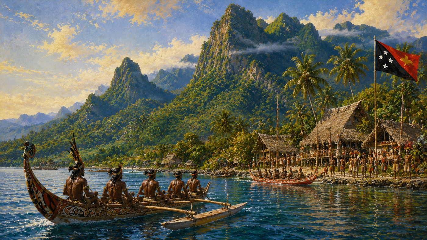 A tropical Pacific island landscape with dense rainforest mountains visible behind a coastal settlement, traditional boats on the water below